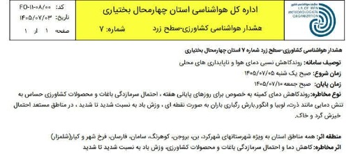 کاهش روند دمای هوا در چهارمحال و بختیاری؛ سرمازدگی محصولات کشاورزی